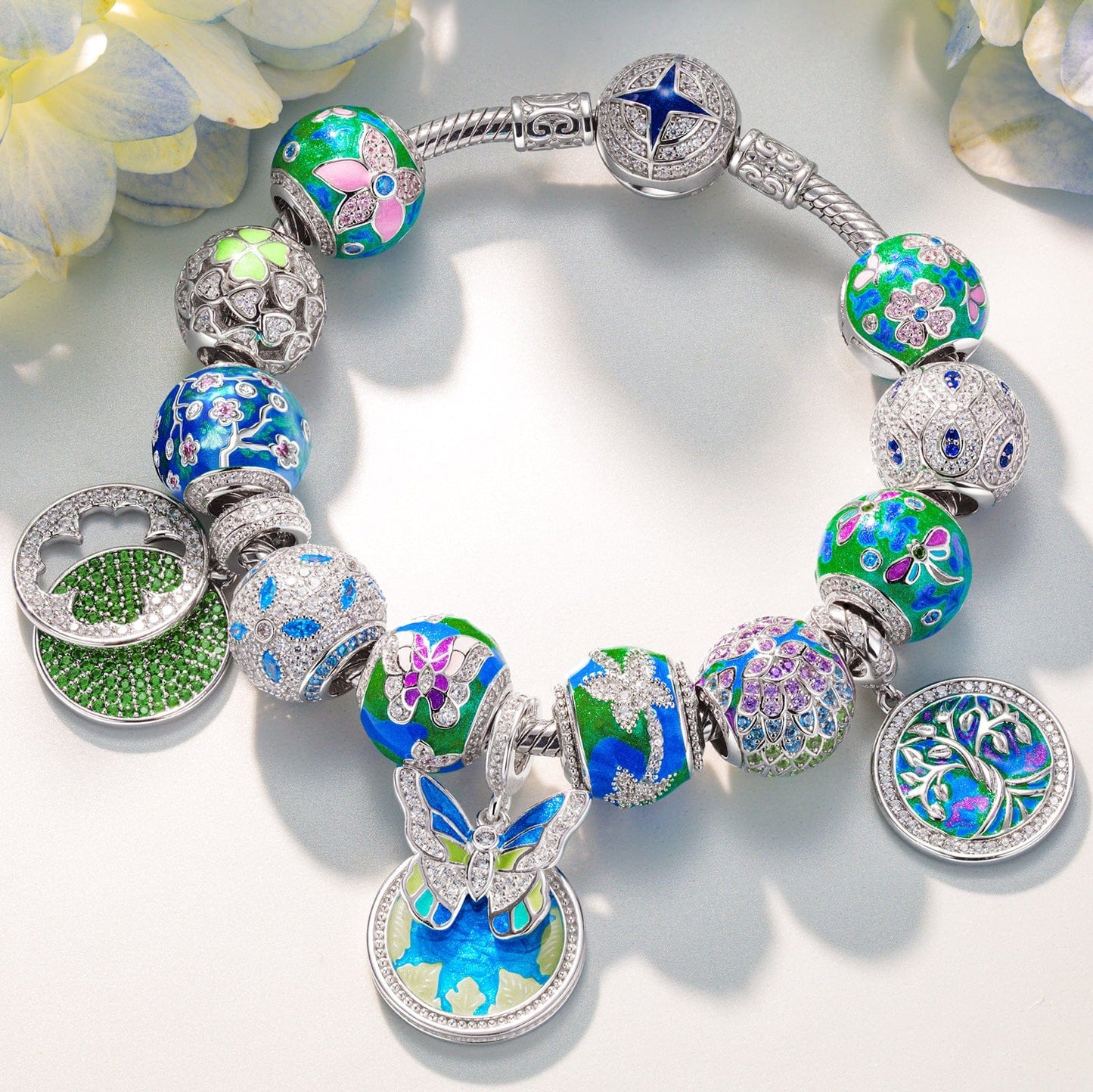 Sterling Silver Emerald Dreamscape Charms Bracelet Set With Enamel In White Gold Plated (Includes bracelet and all charms shown)