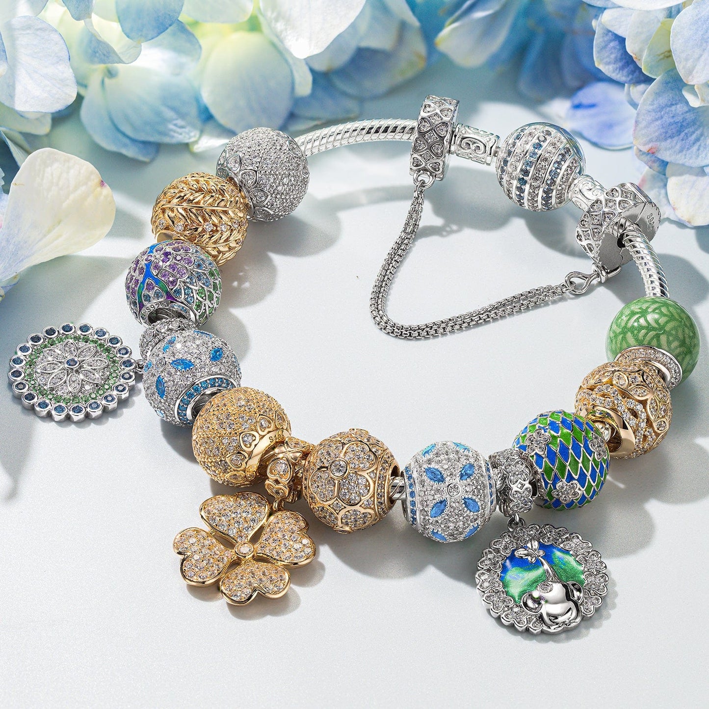 Sterling Silver Springtime Elegance Charms Bracelet Set With Enamel In White Gold Plated