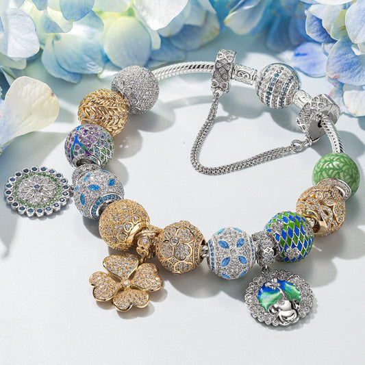 gon- Sterling Silver Springtime Elegance Charms Bracelet Set With Enamel In White Gold Plated