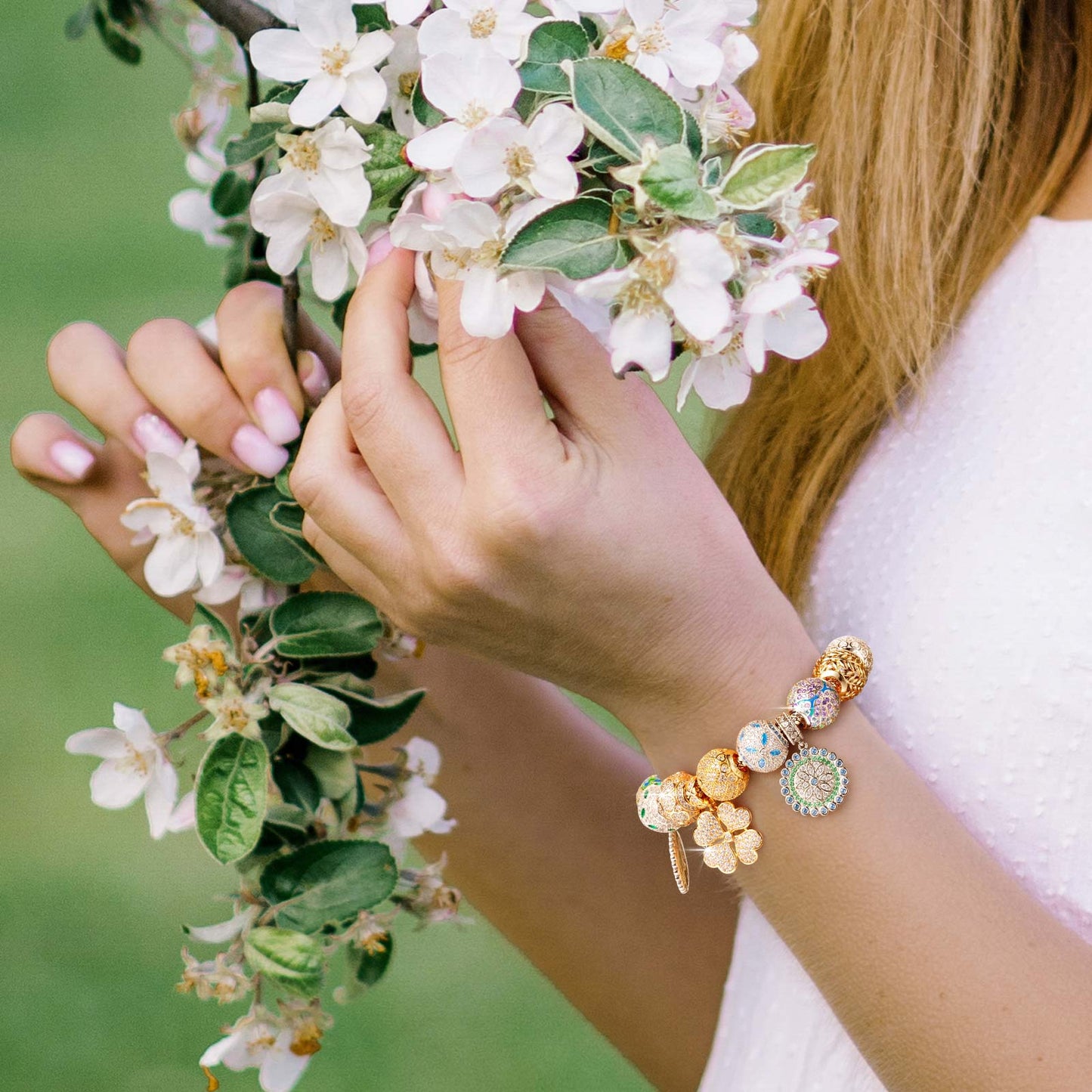 Sterling Silver Springtime Elegance Charms Bracelet Set With Enamel In White Gold Plated