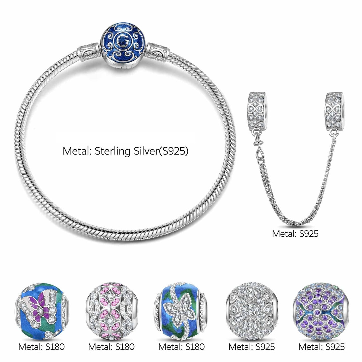 Sterling Silver Spring Blossom Butterfly Charms Bracelet Set With Enamel In White Gold Plated (Includes bracelet and all charms shown)