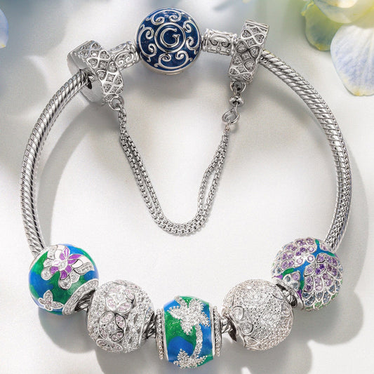 gona- Sterling Silver Spring Blossom Butterfly Charms Bracelet Set With Enamel In White Gold Plated (Includes bracelet and all charms shown)