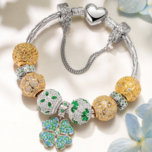 gona- Sterling Silver Clover Cascade Charms Bracelet Set In White Gold Plated (Includes bracelet and all charms shown)
