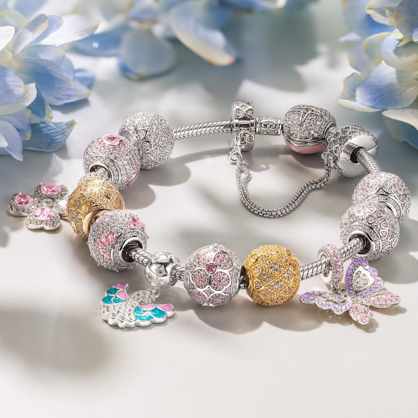 Sterling Silver Lilac Butterfly Rosy Whispers Charms Bracelet Set With Enamel In White Gold Plated (Includes bracelet and all charms shown)