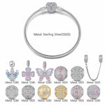 Sterling Silver Lilac Butterfly Rosy Whispers Charms Bracelet Set With Enamel In White Gold Plated (Includes bracelet and all charms shown)
