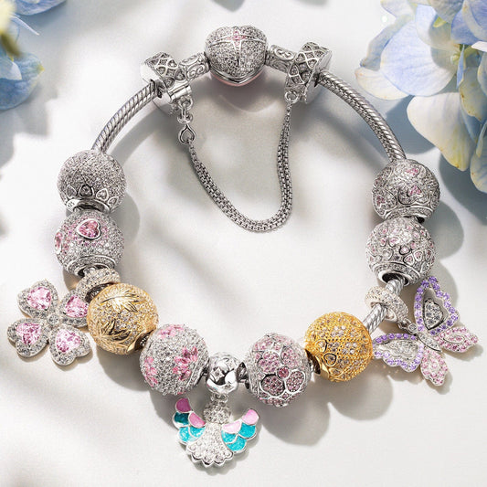 gon- Sterling Silver Lilac Butterfly Rosy Whispers Charms Bracelet Set With Enamel In White Gold Plated