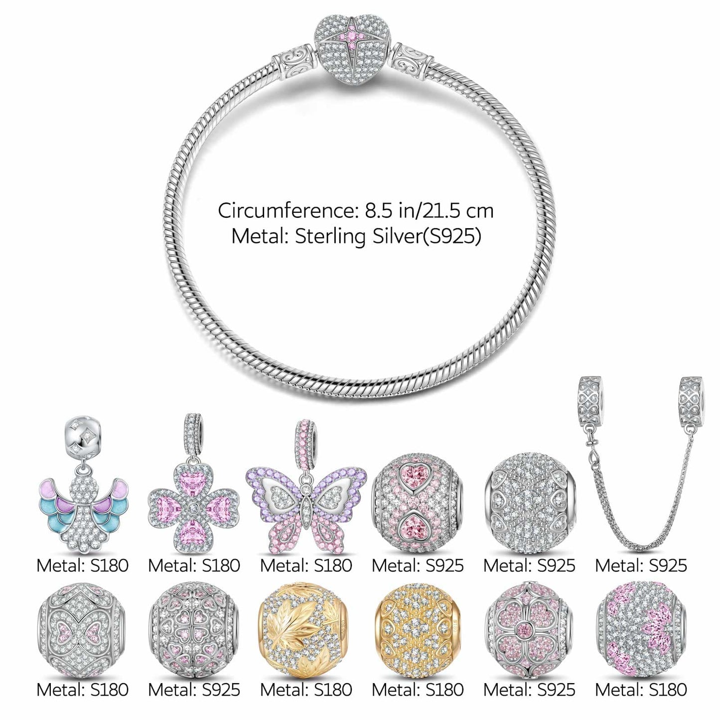 Sterling Silver Lilac Butterfly Rosy Whispers Charms Bracelet Set With Enamel In White Gold Plated (Includes bracelet and all charms shown)