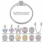 Sterling Silver Lilac Butterfly Rosy Whispers Charms Bracelet Set With Enamel In White Gold Plated (Includes bracelet and all charms shown)