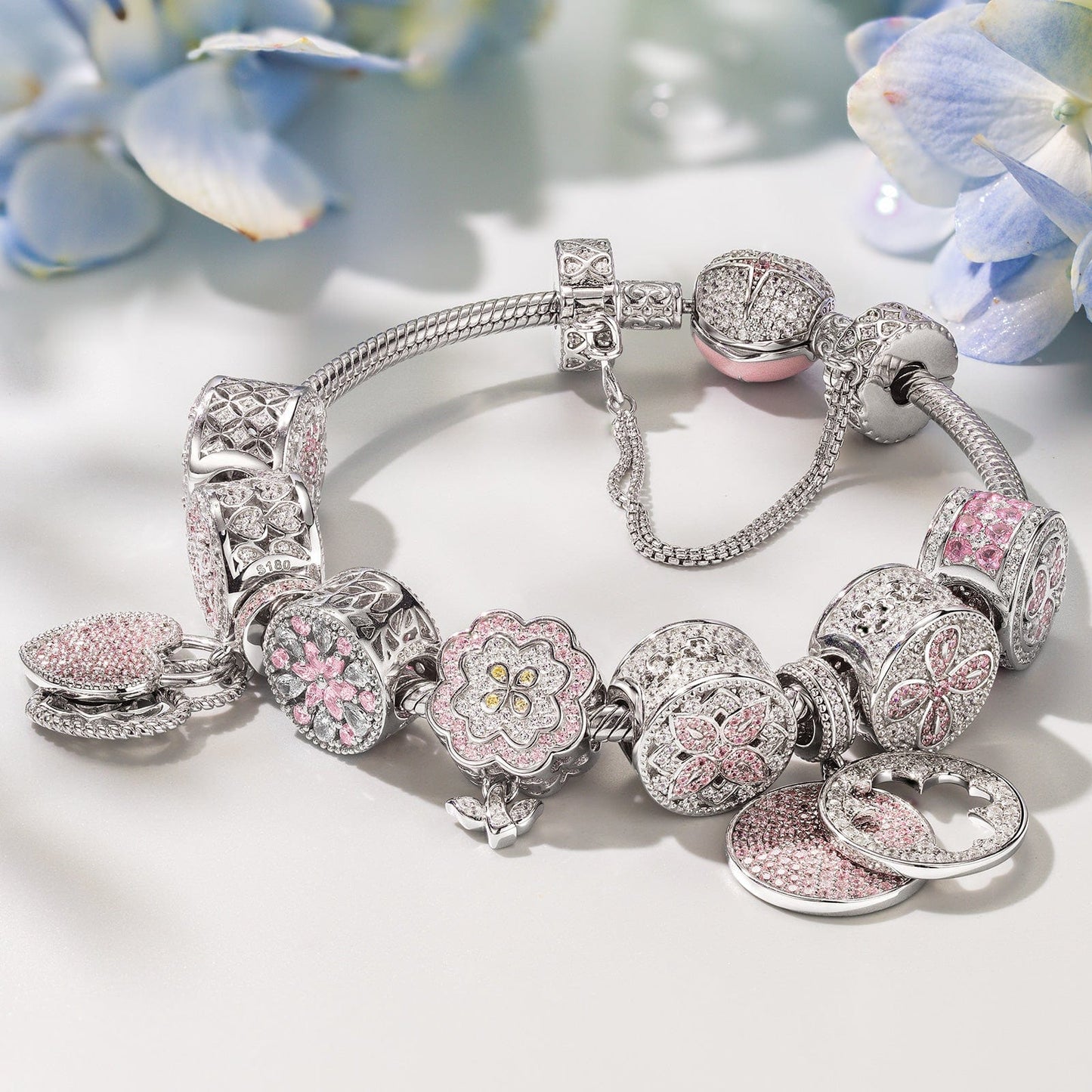 Sterling Silver Pink Clover Bloom Charms Bracelet Set In White Gold Plated (Includes bracelet and all charms shown)