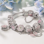 Sterling Silver Pink Clover Bloom Charms Bracelet Set In White Gold Plated (Includes bracelet and all charms shown)