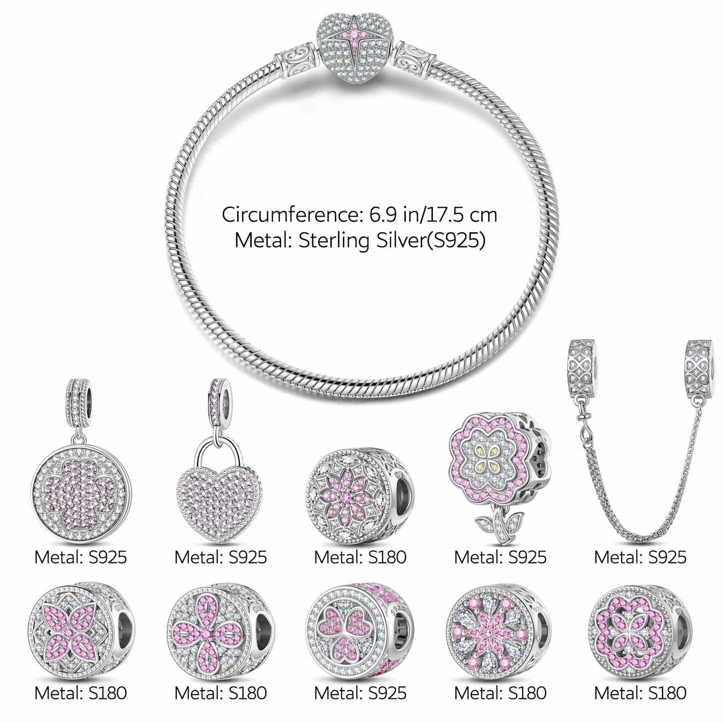 Sterling Silver Pink Clover Bloom Charms Bracelet Set In White Gold Plated