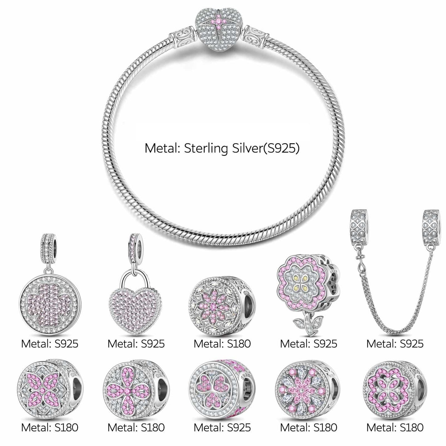 Sterling Silver Pink Clover Bloom Charms Bracelet Set In White Gold Plated (Includes bracelet and all charms shown)