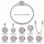 Sterling Silver Pink Clover Bloom Charms Bracelet Set In White Gold Plated (Includes bracelet and all charms shown)
