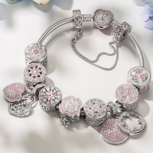 gon- Sterling Silver Pink Clover Bloom Charms Bracelet Set In White Gold Plated