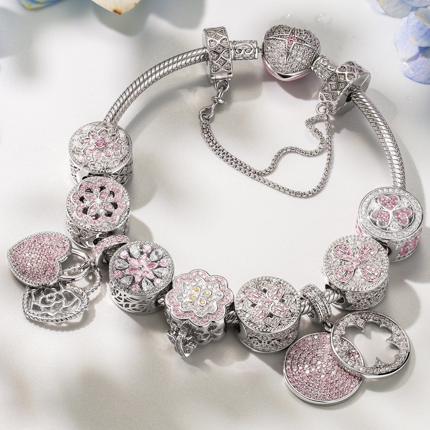 Sterling Silver Pink Clover Bloom Charms Bracelet Set In White Gold Plated (Includes bracelet and all charms shown)