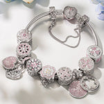 Sterling Silver Pink Clover Bloom Charms Bracelet Set In White Gold Plated