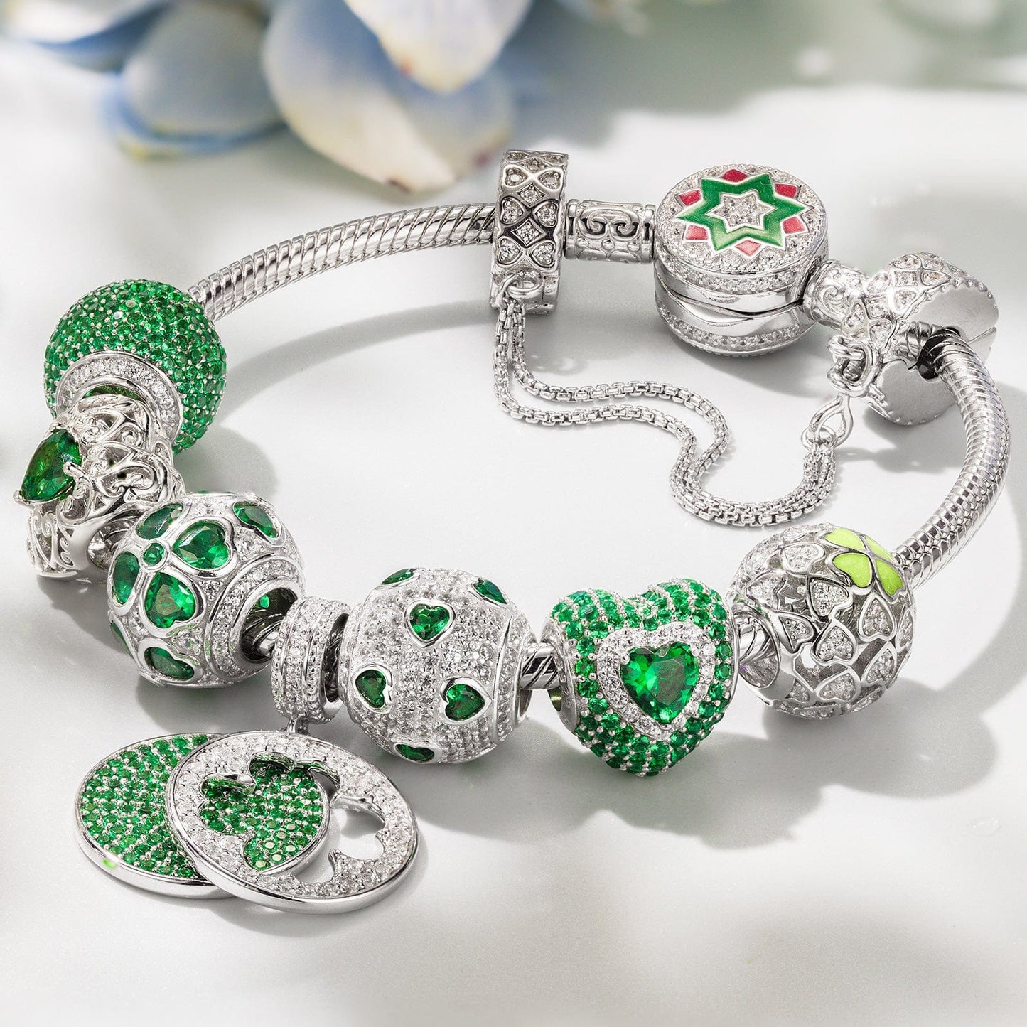 Sterling Silver Lucky Jade Clover Charms Bracelet Set With Enamel In White Gold Plated (Includes bracelet and all charms shown)