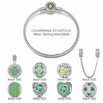 Sterling Silver Lucky Jade Clover Charms Bracelet Set With Enamel In White Gold Plated