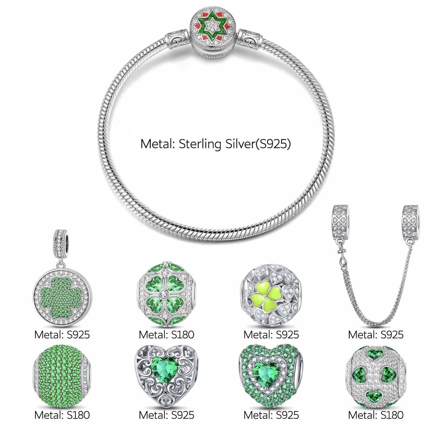 Sterling Silver Lucky Jade Clover Charms Bracelet Set With Enamel In White Gold Plated (Includes bracelet and all charms shown)
