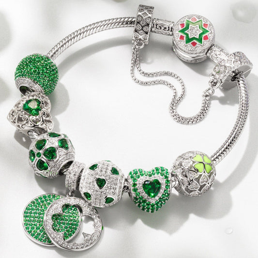 gon- Sterling Silver Lucky Jade Clover Charms Bracelet Set With Enamel In White Gold Plated