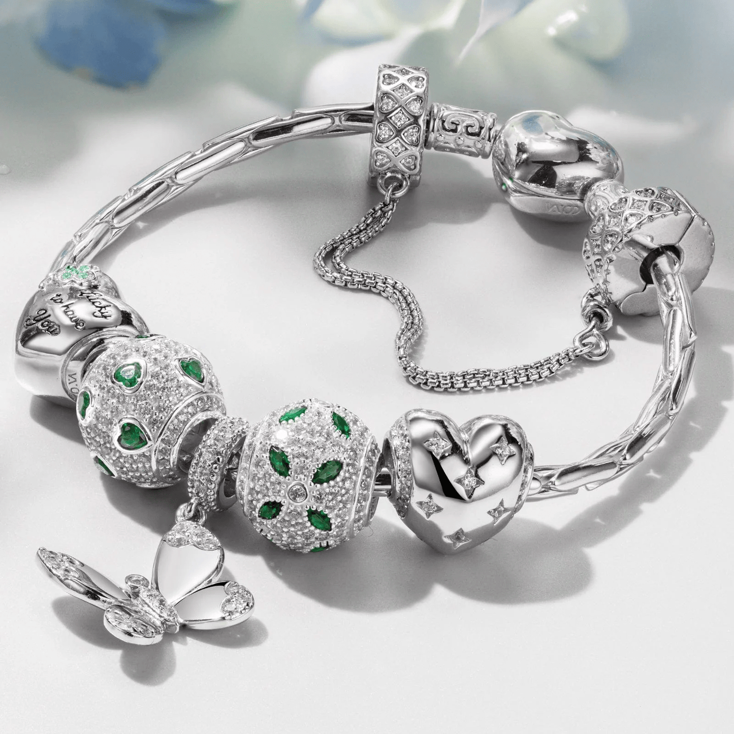 Sterling Silver Wings of Hope Butterfly Charms Bracelet Set In White Gold Plated (Includes bracelet and all charms shown)
