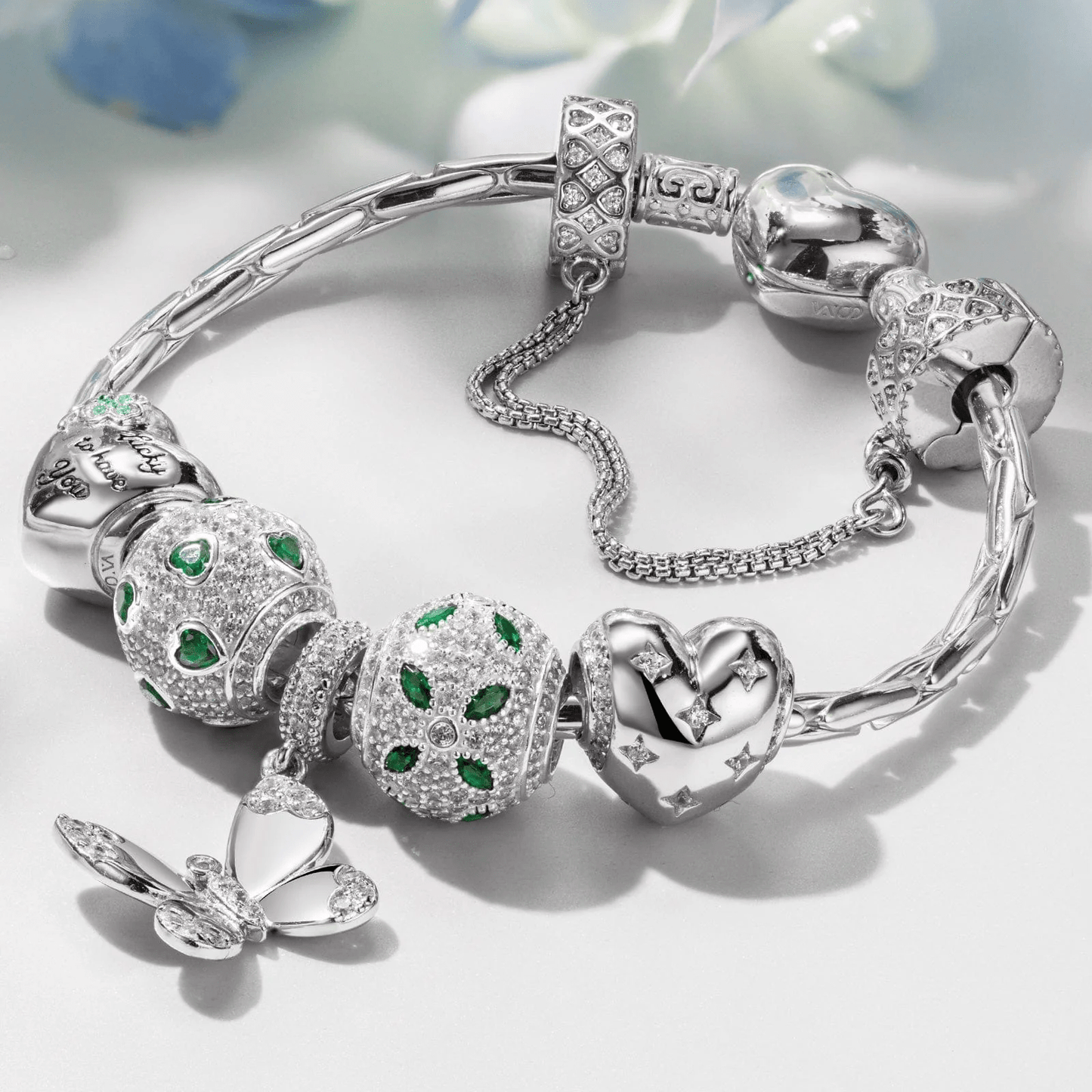 Sterling Silver Wings of Hope Butterfly Charms Bracelet Set In White Gold Plated (Includes bracelet and all charms shown)