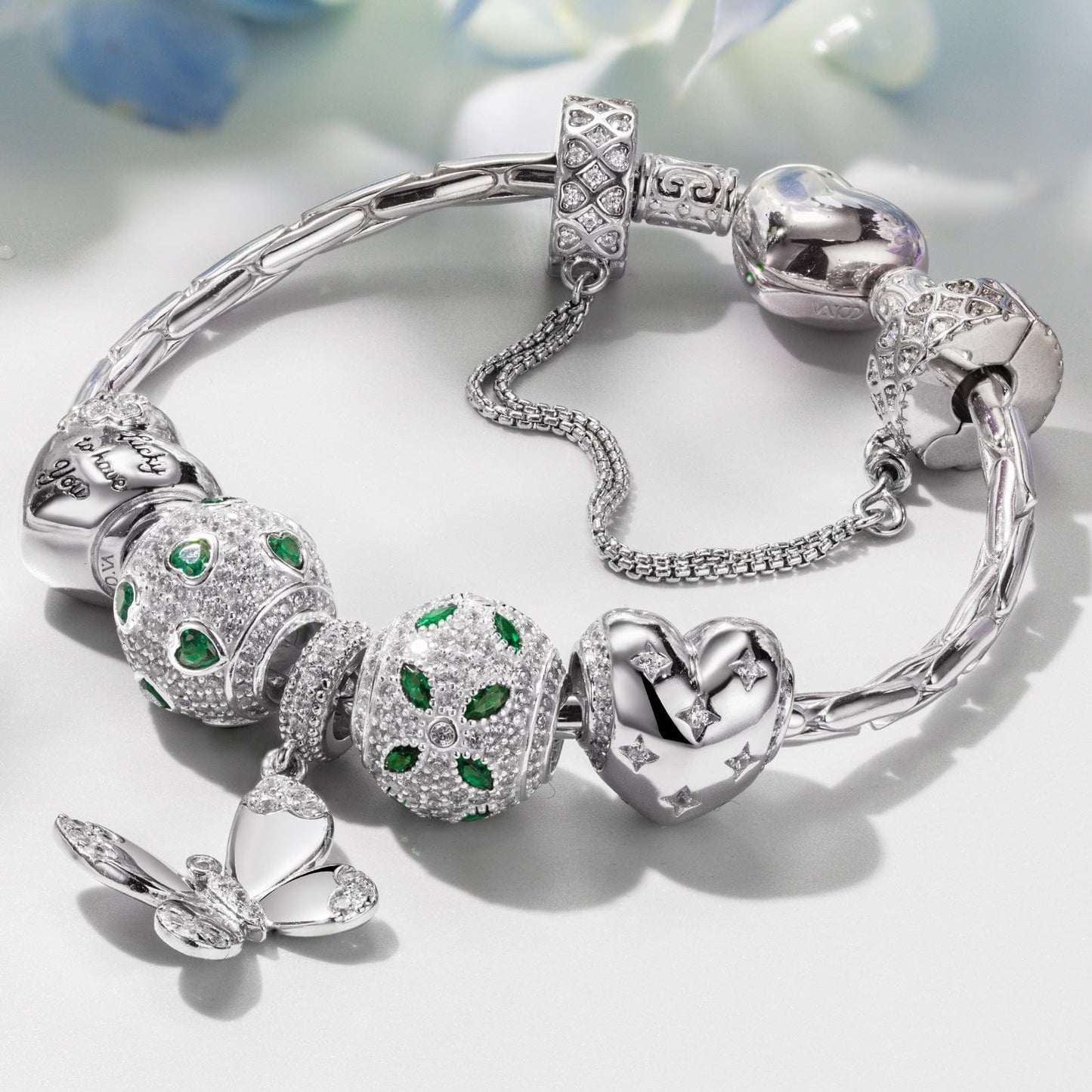 Sterling Silver Wings of Hope Butterfly Charms Bracelet Set In White Gold Plated (Includes bracelet and all charms shown)
