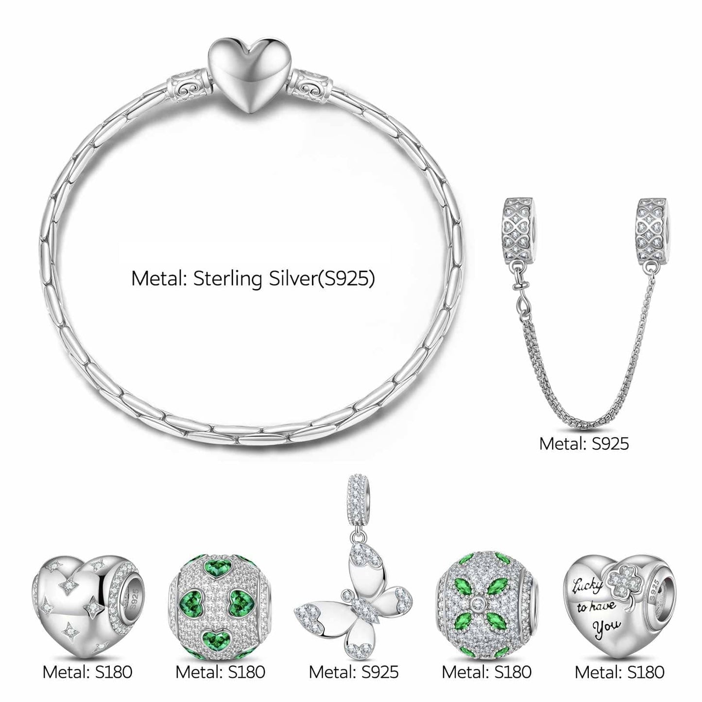 Sterling Silver Wings of Hope Butterfly Charms Bracelet Set In White Gold Plated (Includes bracelet and all charms shown)