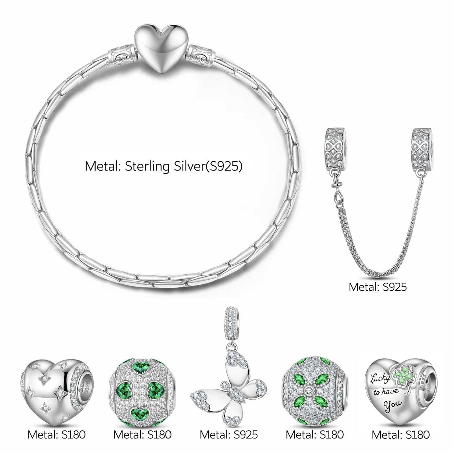 Sterling Silver Wings of Hope Butterfly Charms Bracelet Set In White Gold Plated (Includes bracelet and all charms shown)