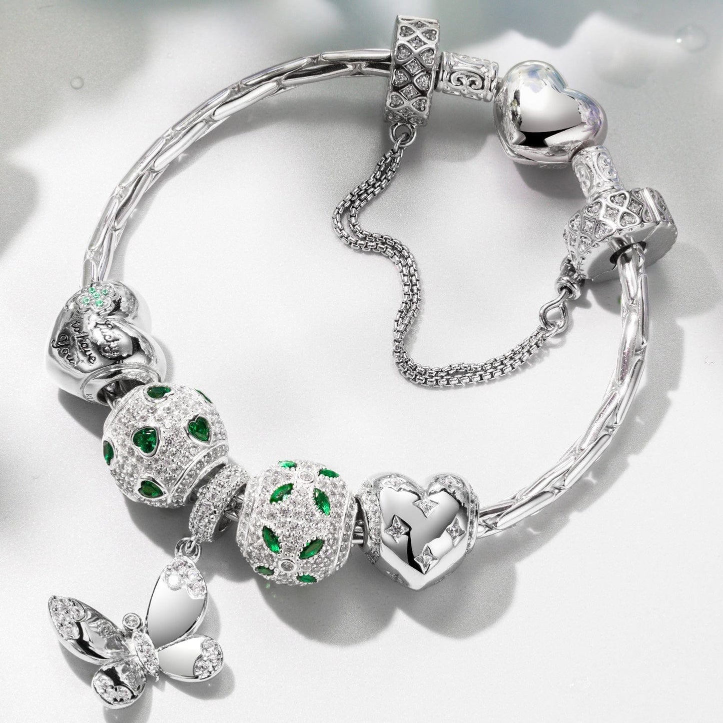 Sterling Silver Wings of Hope Butterfly Charms Bracelet Set In White Gold Plated (Includes bracelet and all charms shown)