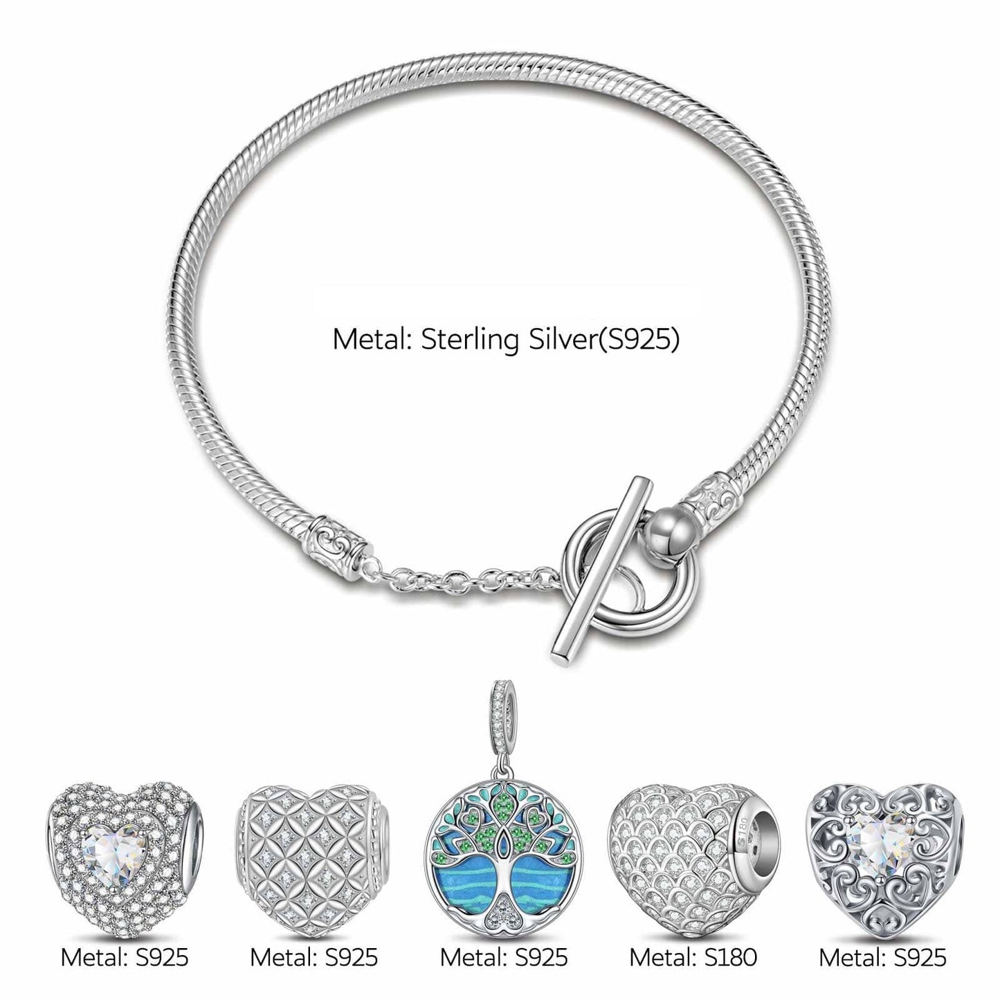 Sterling Silver Life Tree's Heartfelt Charms Bracelet Set With Enamel In White Gold Plated (Includes bracelet and all charms shown)