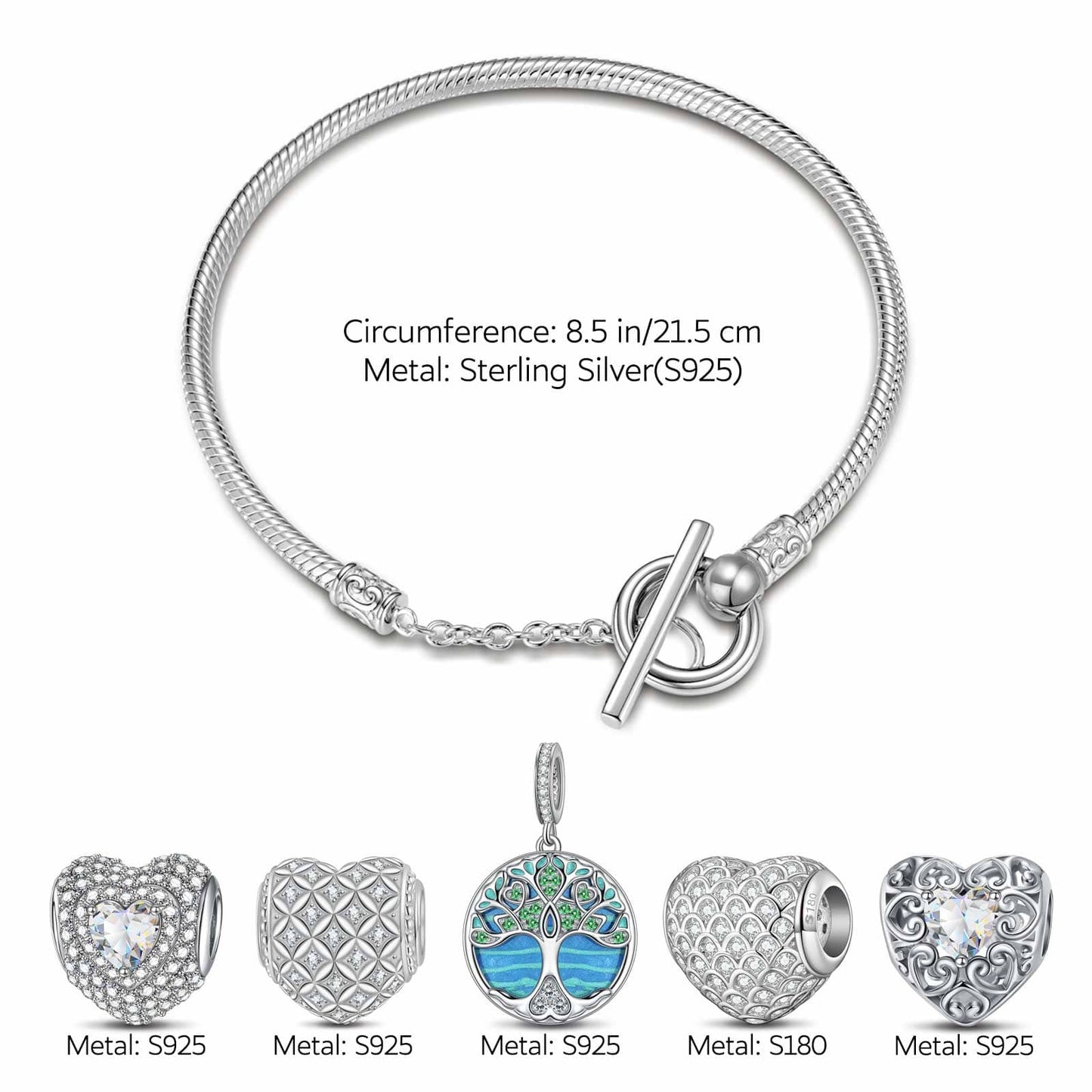 Sterling Silver Life Tree's Heartfelt Charms Bracelet Set With Enamel In White Gold Plated (Includes bracelet and all charms shown)