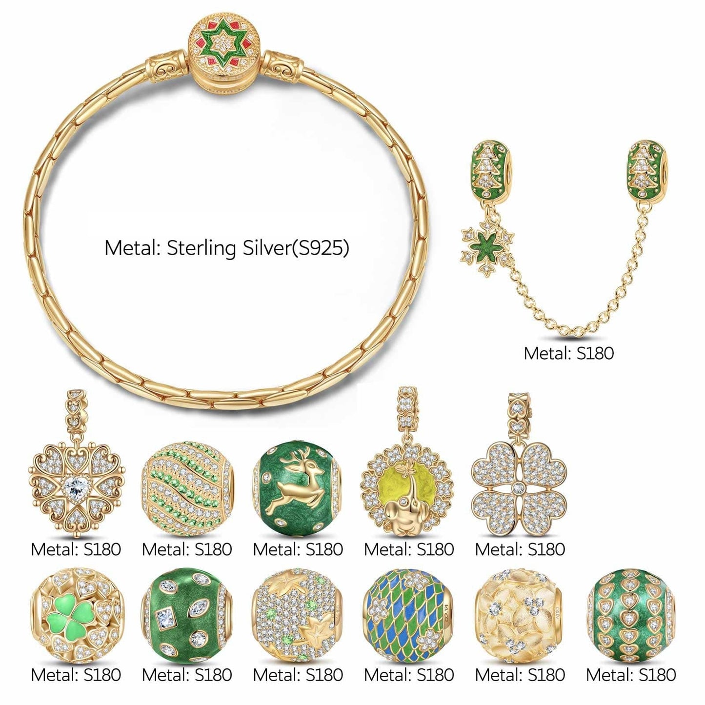 Sterling Silver Jade Delight Charms Bracelet Set With Enamel In 14K Gold Plated (Includes bracelet and all charms shown)