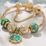 Sterling Silver Peacock Majesty Charms Bracelet Set With Enamel In 14K Gold Plated
