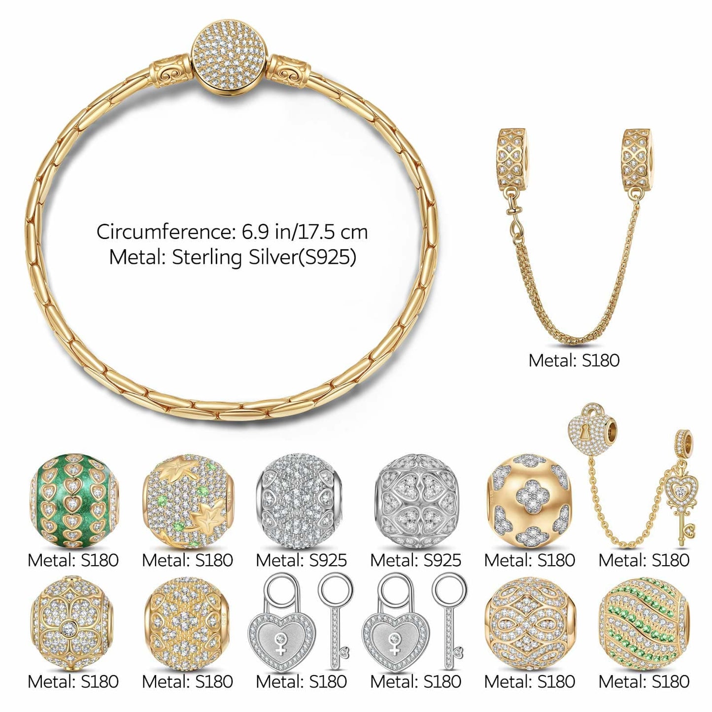 Sterling Silver Infinity Heart's Secret Charms Bracelet Set With Enamel In 14K Gold Plated
