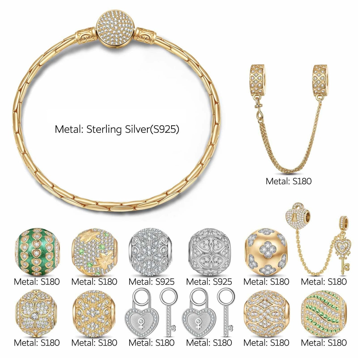 Sterling Silver Infinity Heart's Secret Charms Bracelet Set With Enamel In 14K Gold Plated (Includes bracelet and all charms shown)