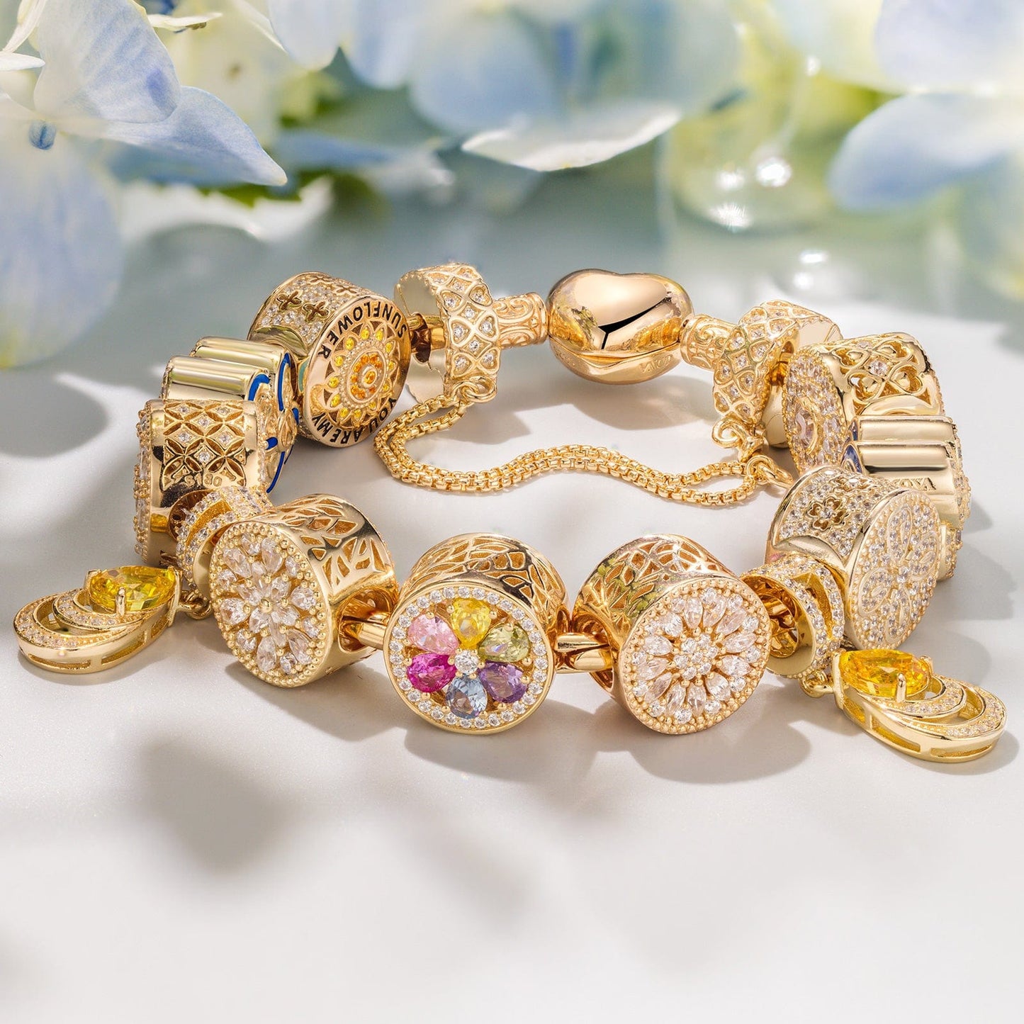 Sterling Silver Blooming Petals of Love Charms Bracelet Set In 14K Gold Plated