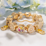 Sterling Silver Blooming Petals of Love Charms Bracelet Set In 14K Gold Plated (Includes bracelet and all charms shown)