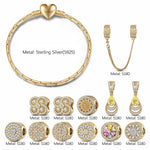 Sterling Silver Blooming Petals of Love Charms Bracelet Set In 14K Gold Plated (Includes bracelet and all charms shown)