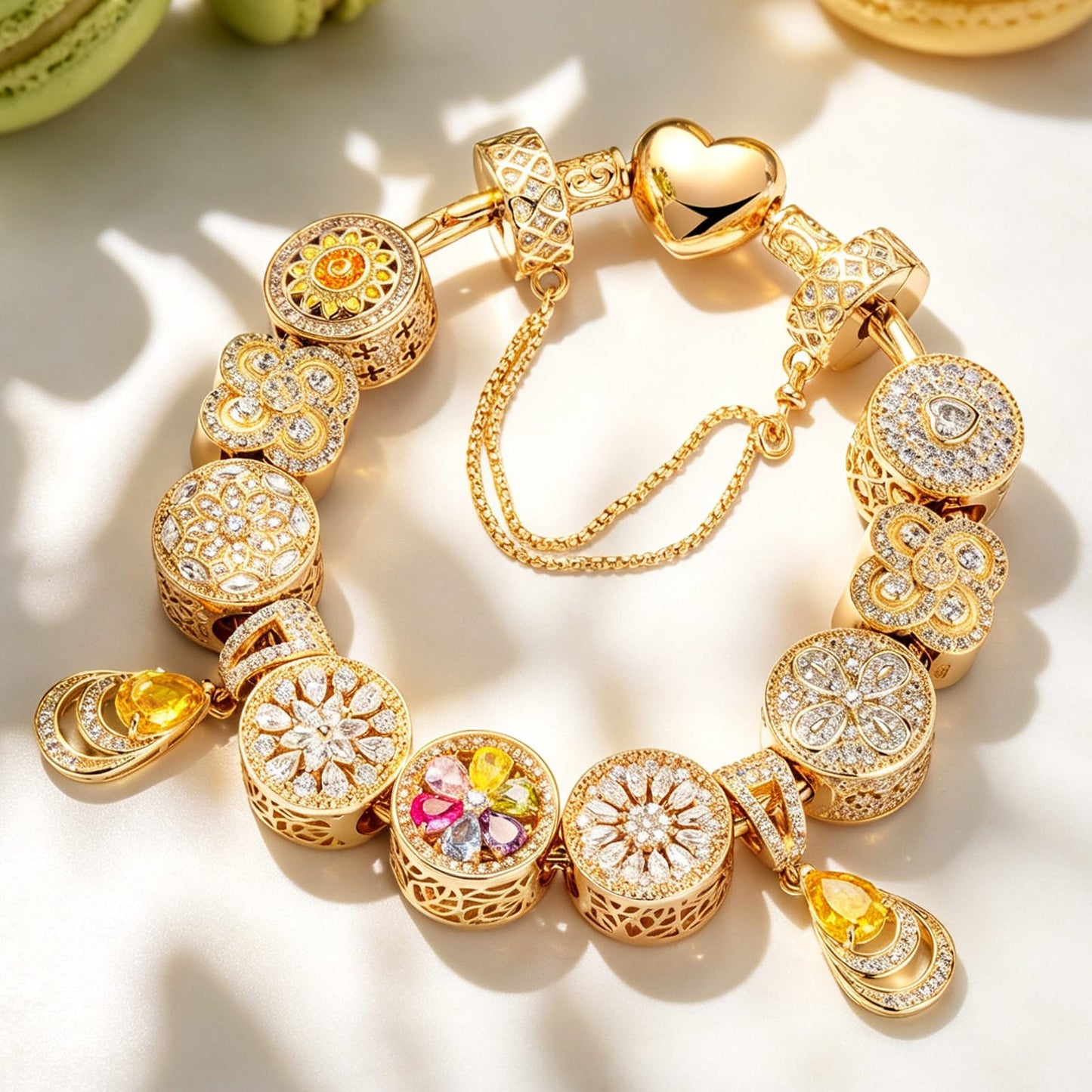 Sterling Silver Blooming Petals of Love Charms Bracelet Set In 14K Gold Plated (Includes bracelet and all charms shown)
