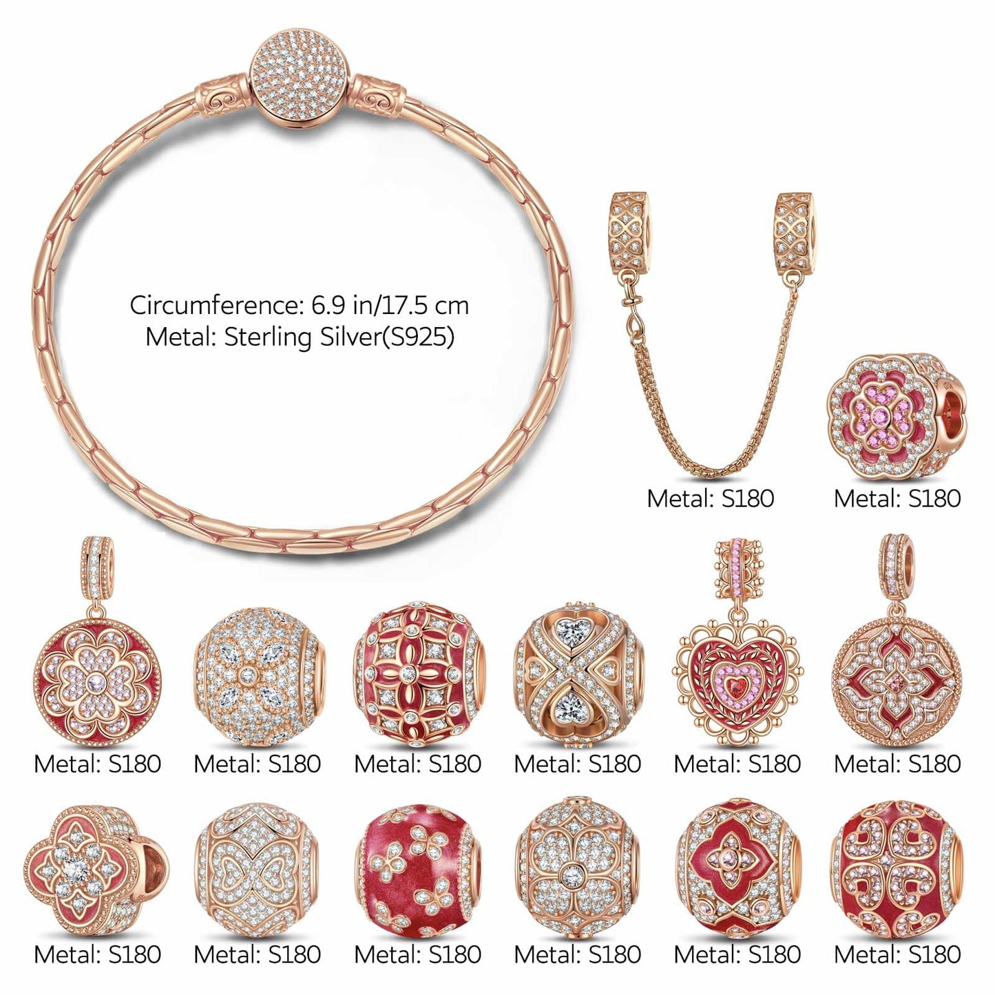 [💥As @JeannieBASMR's Pick] Sterling Silver Forever Blooming Charms Bracelet Set With Enamel In Rose Gold Plated