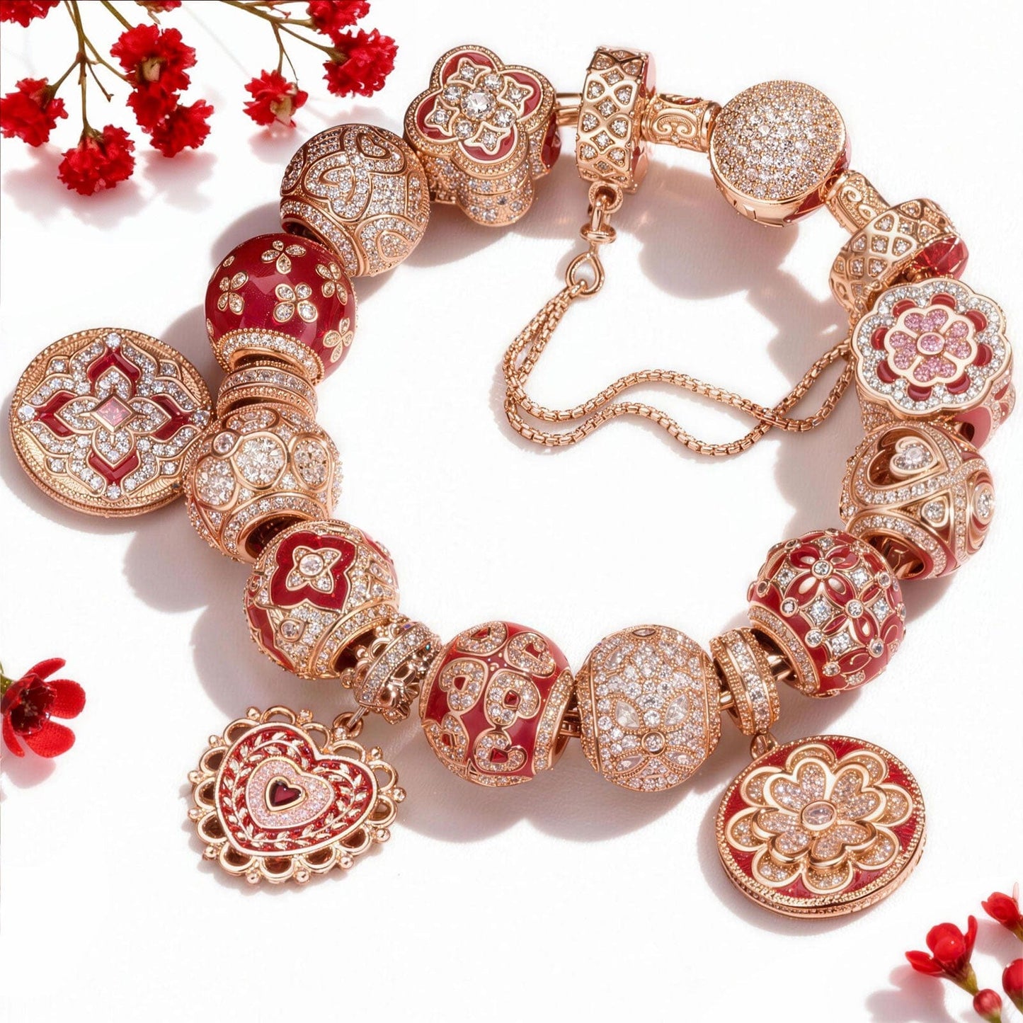 [💥As @JeannieBASMR's Pick] Sterling Silver Forever Blooming Charms Bracelet Set With Enamel In Rose Gold Plated (Includes bracelet and all charms shown)