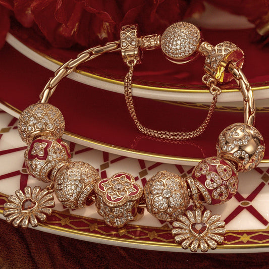 gon- Sterling Silver Floral Elegance Charms Bracelet Set With Enamel In Rose Gold Plated