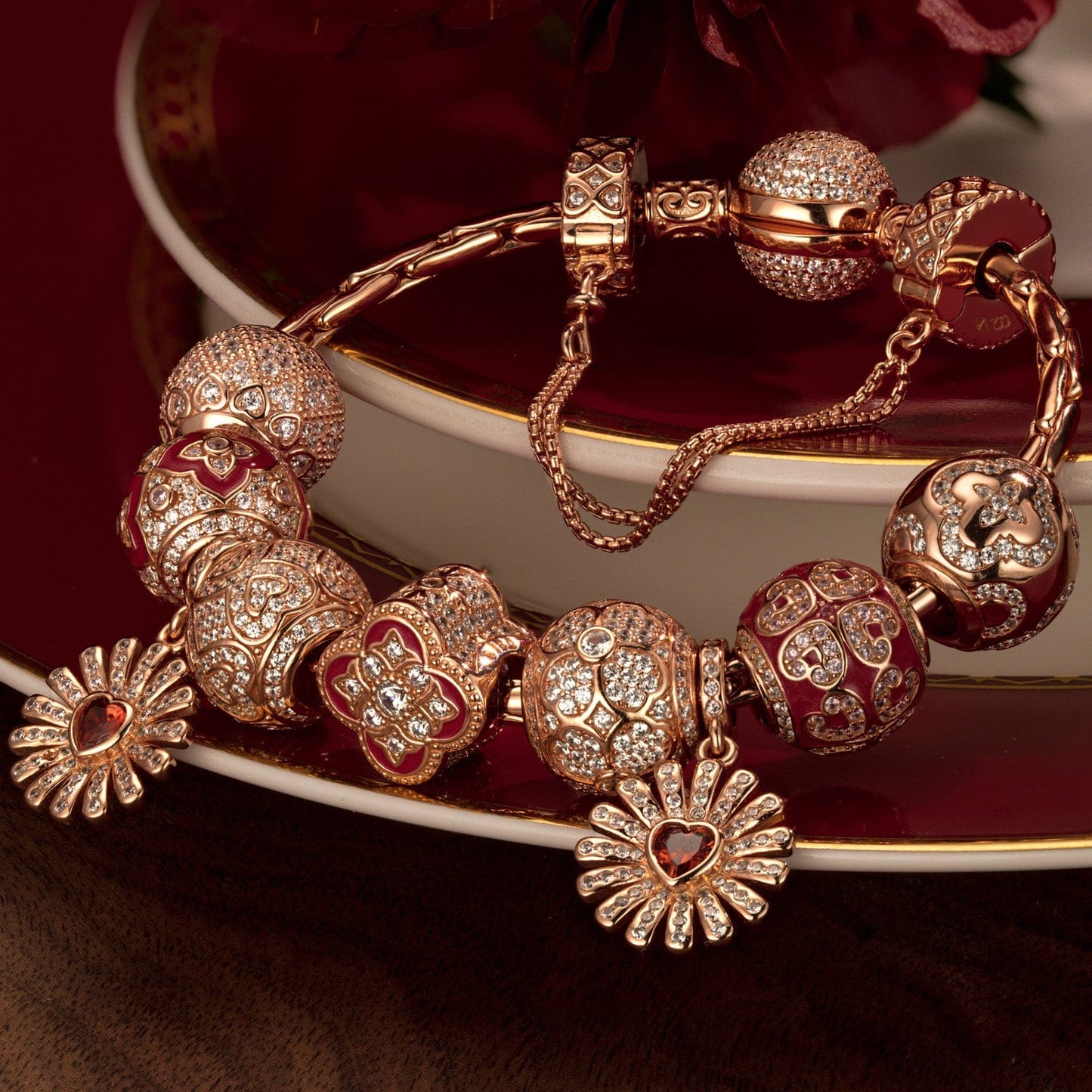 Sterling Silver Floral Elegance Charms Bracelet Set With Enamel In Rose Gold Plated (Includes bracelet and all charms shown)