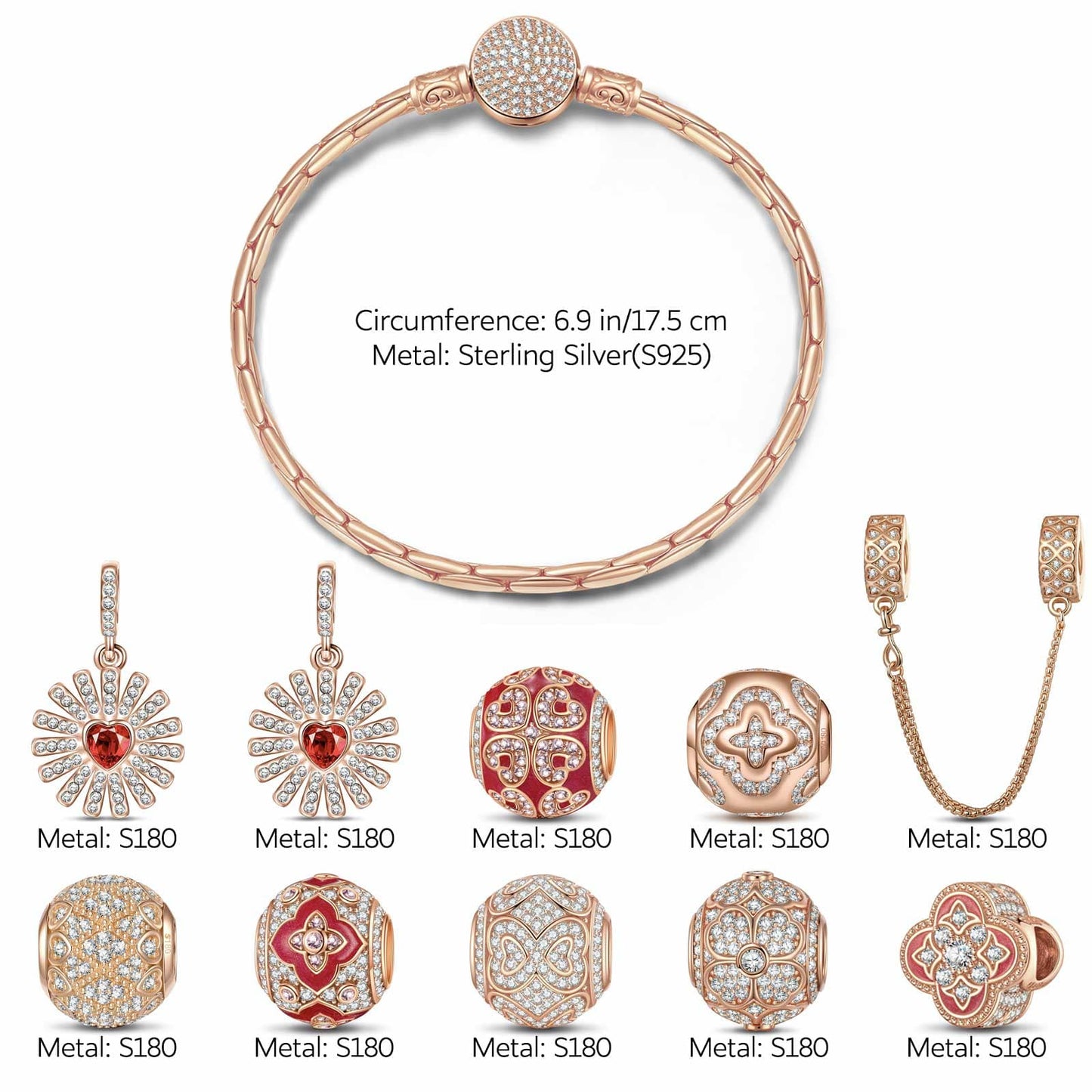 Sterling Silver Floral Elegance Charms Bracelet Set With Enamel In Rose Gold Plated