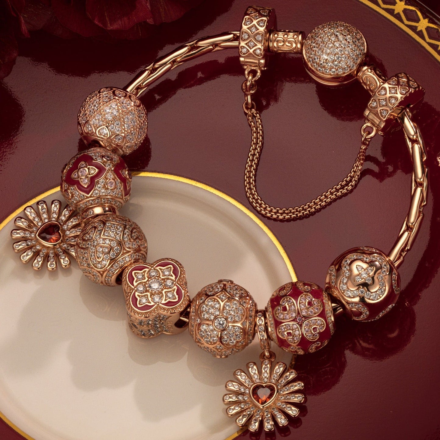Sterling Silver Floral Elegance Charms Bracelet Set With Enamel In Rose Gold Plated