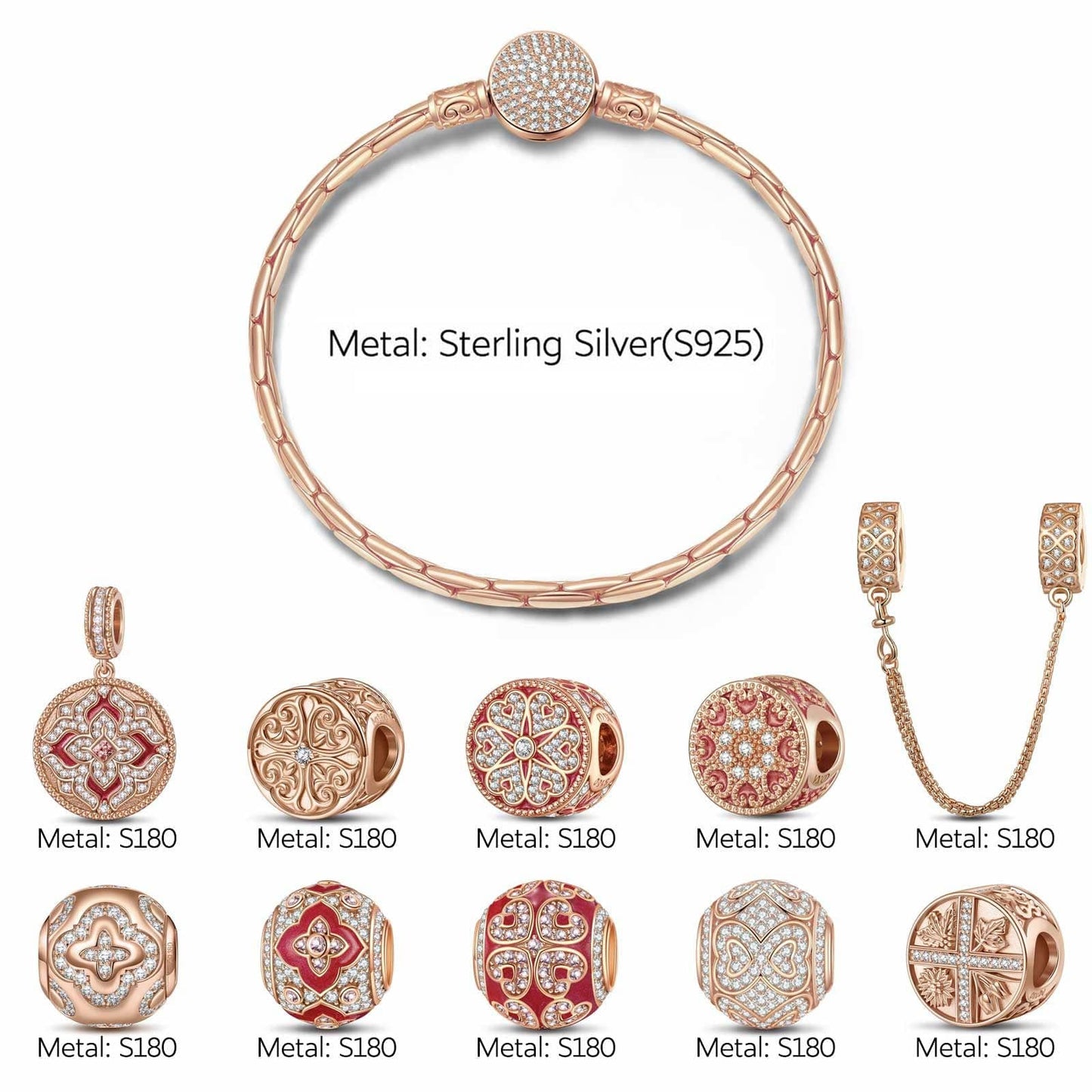 Sterling Silver Seasons of Blessings Charms Bracelet Set With Enamel In Rose Gold Plated (Includes bracelet and all charms shown)