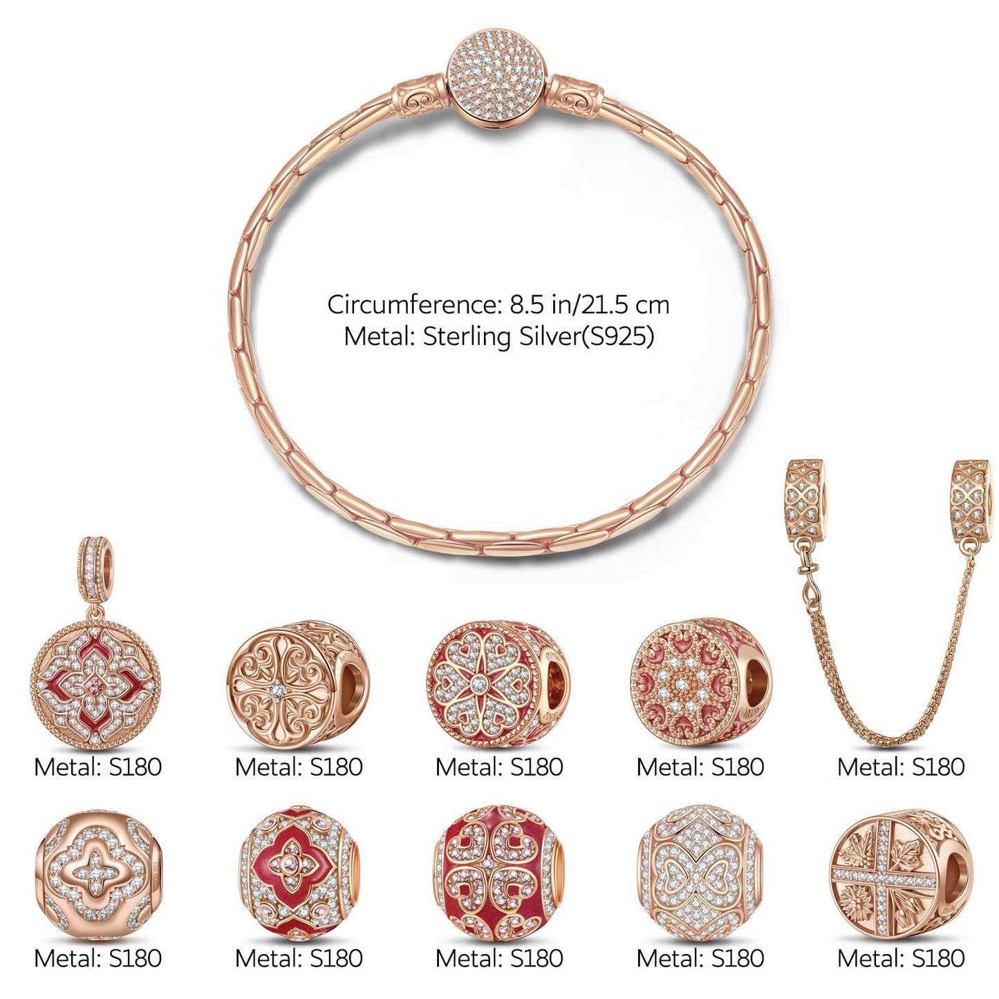 Sterling Silver Seasons of Blessings Charms Bracelet Set With Enamel In Rose Gold Plated (Includes bracelet and all charms shown)