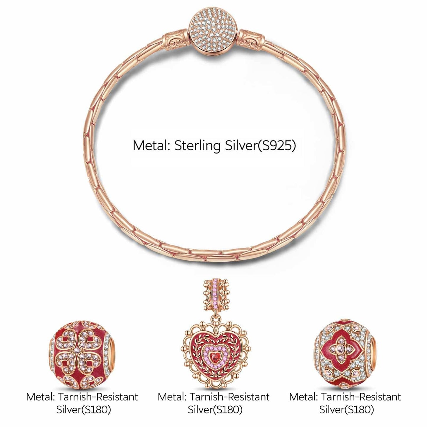 Sterling Silver Joyful Moments Charms Bracelet Set With Enamel In Rose Gold Plated (Includes bracelet and all charms shown)