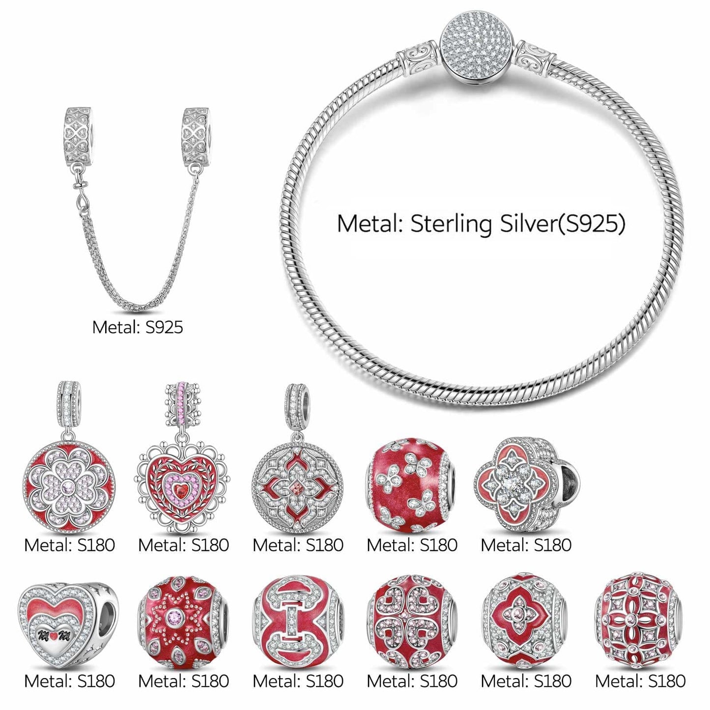 Sterling Silver Eternal Grace Charms Bracelet Set With Enamel In White Gold Plated (Includes bracelet and all charms shown)